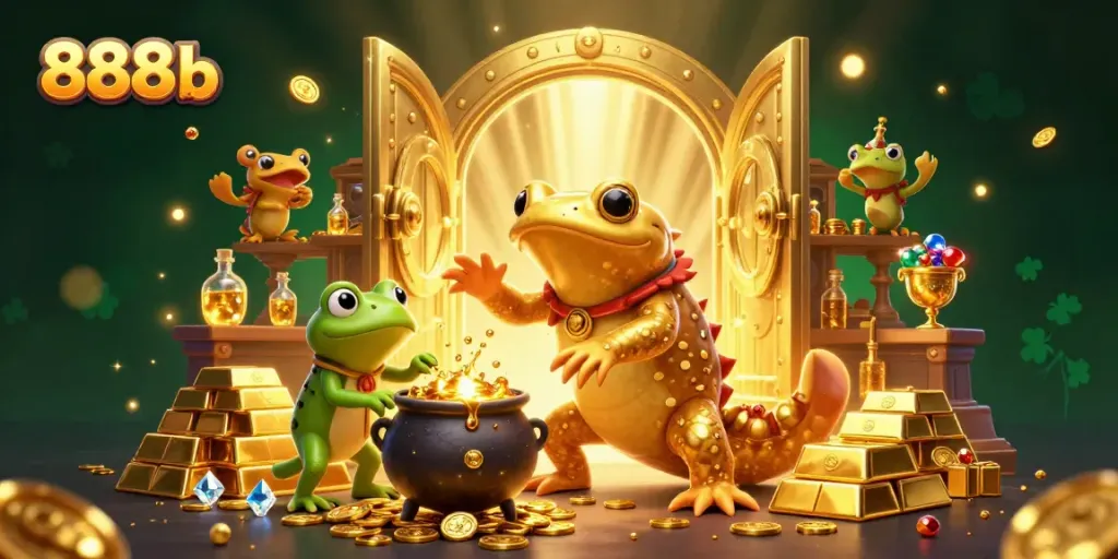 Experience the excitement of 888b with a golden salamander alchemist in a vibrant casino scene.
