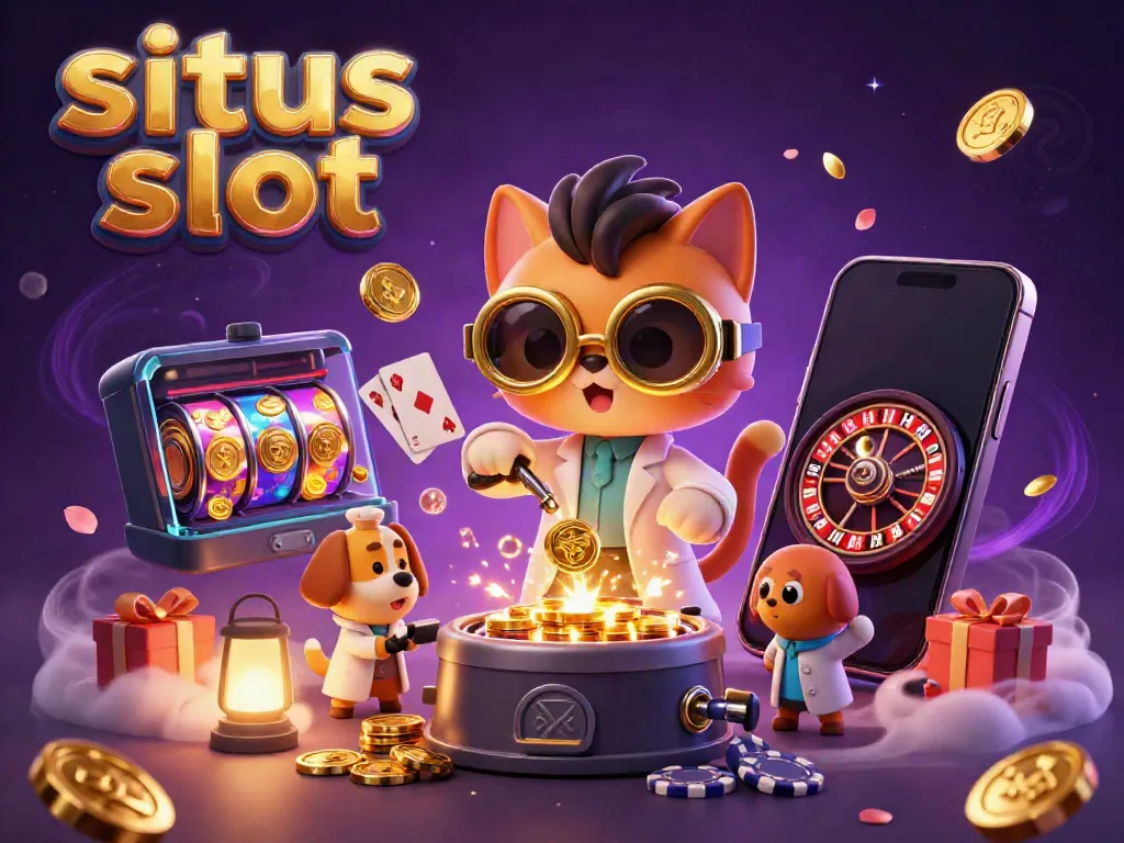 Experience thrilling situs slot action with cartoon characters, spinning reels, and vibrant coins.
