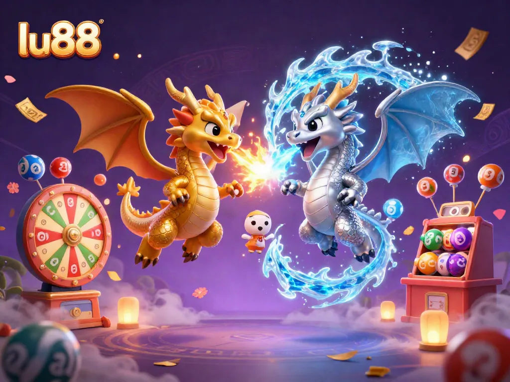 Experience thrilling gaming with lu88 in a mystical casino scene featuring dragons and lottery elements.