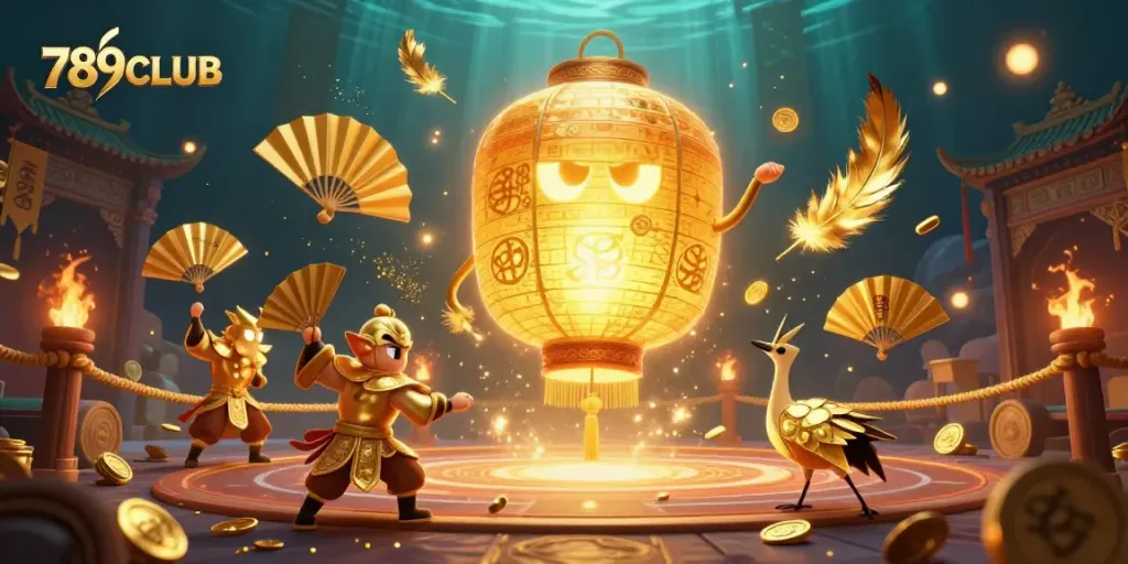 Engage in thrilling 789CLUB casino experiences with vibrant golden lanterns and warriors.
