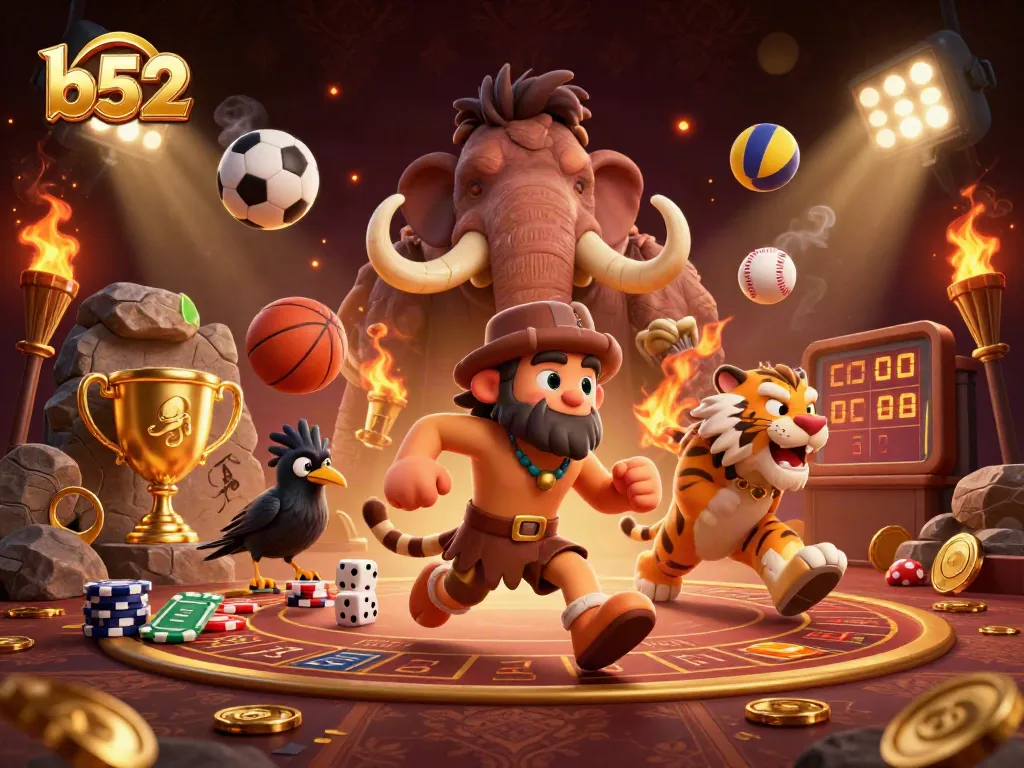 B52 caveman and tiger duo engage in lively gaming action at a prehistoric casino.
