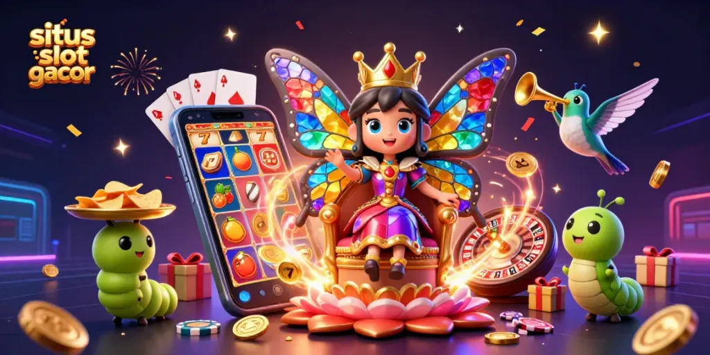 Engage with the situs slot gacor experience featuring a vibrant scene of a casino queen, slot games, and energetic elements.