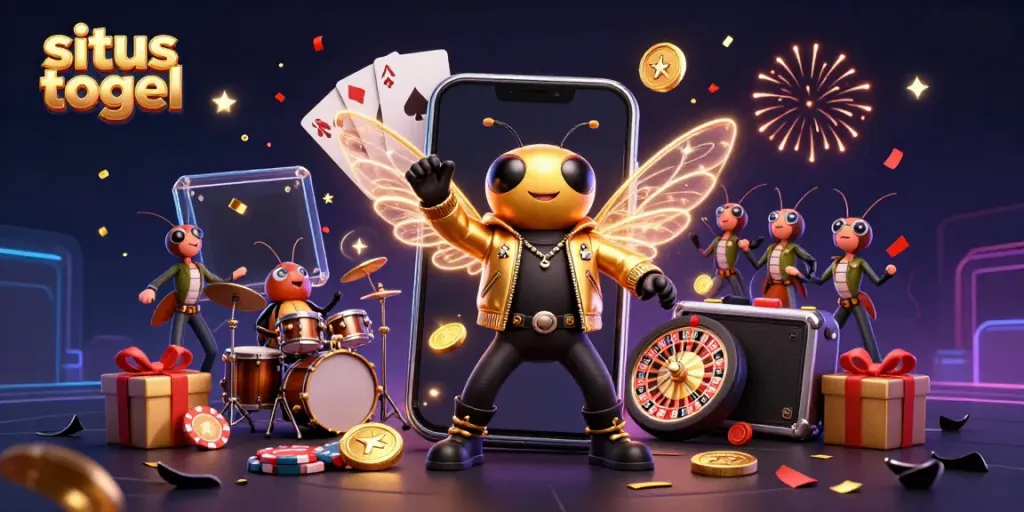 Engage in situs togel with a vibrant scene featuring a cicada rock star and game elements.