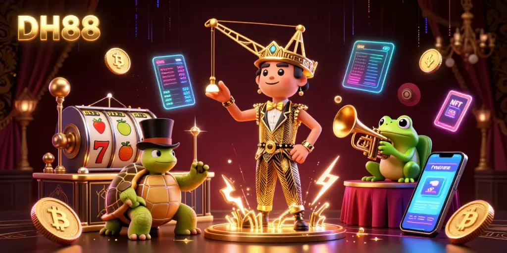 Experience the thrilling excitement of winning with DH88 in a vibrant casino scene filled with slot reels and neon crypto elements.