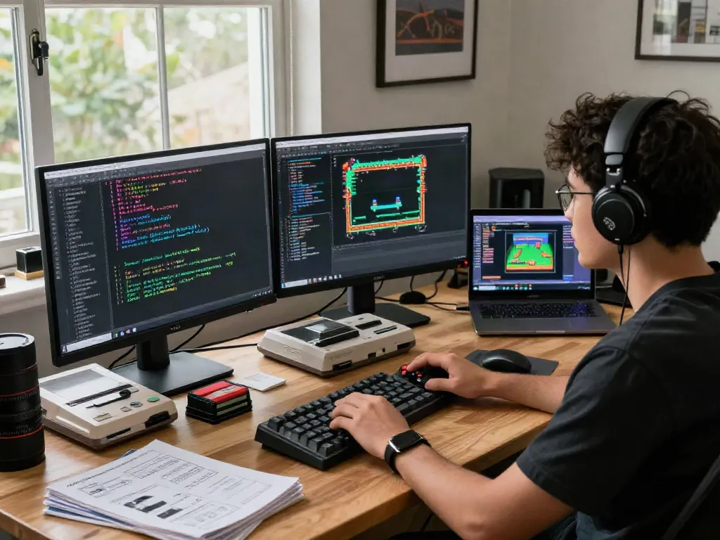 Developer working on retro game revival with nostalgic elements in a tech workspace, pecah 404.