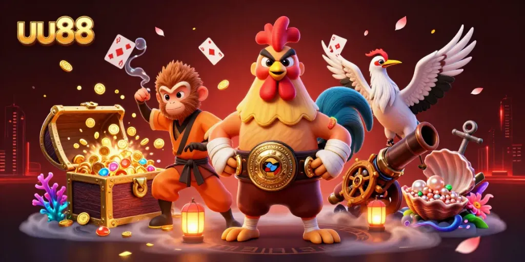 Experience high-stakes action at uu88 with a fierce rooster and martial artists amidst a treasure-filled casino.