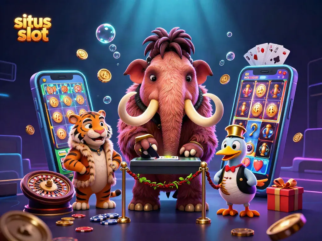 Memperlihatkan situs slot dengan karakter mammoth dan harimau di kasino yang dipenuhi elemen permainan.