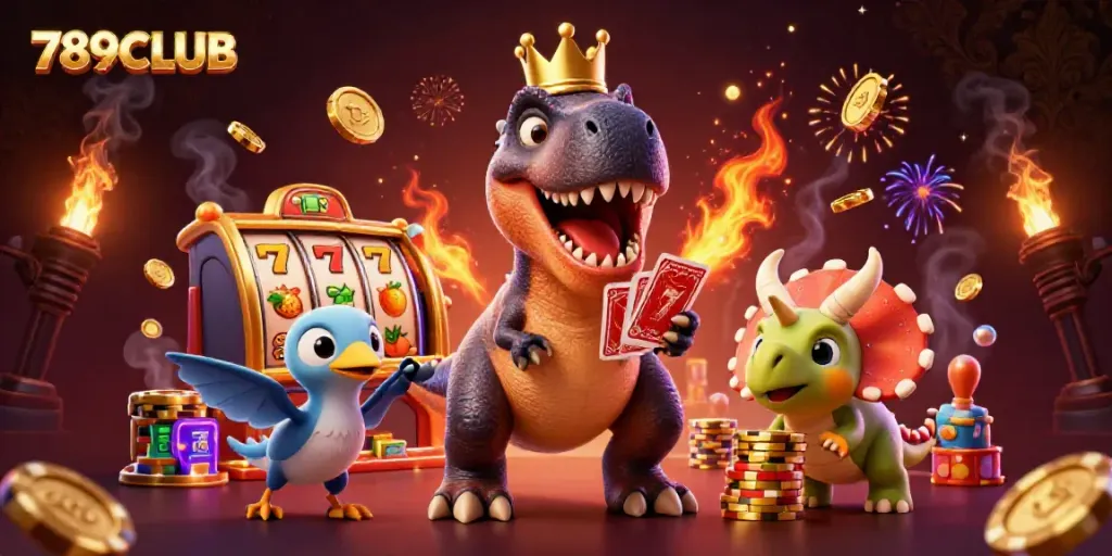 Join the excitement at 789CLUB with a vibrant casino-themed 3D illustration of playful dinosaurs.