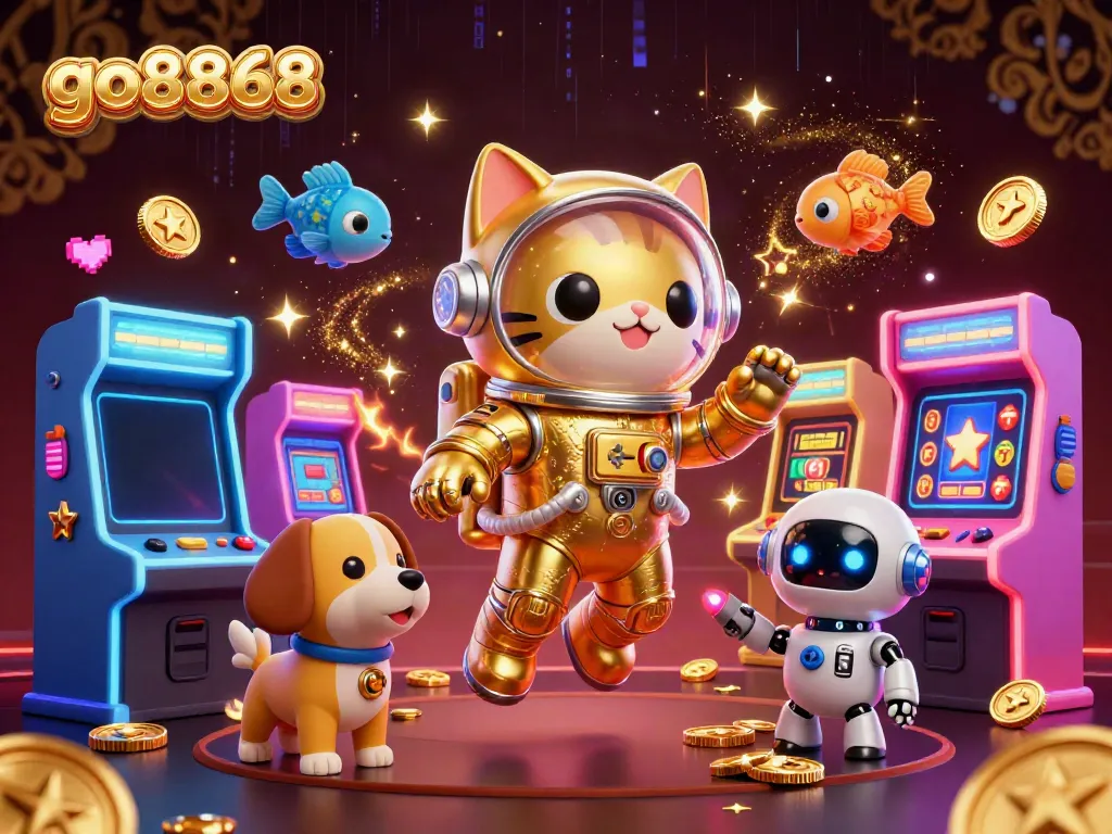Experience the excitement at go8868, where a space cat enjoys thrilling casino games in a vibrant scene.