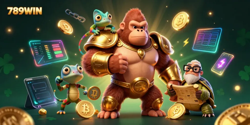 Experience thrilling gaming at 789WIN with a vibrant 3D casino scene featuring animated characters and crypto elements.