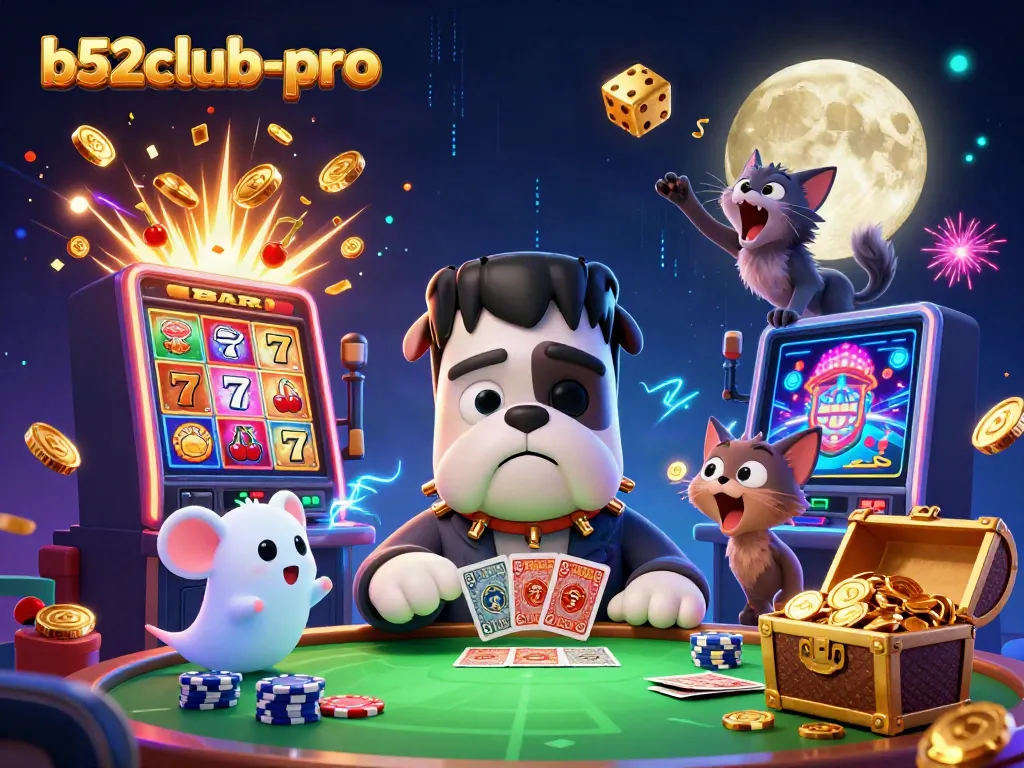 Experience thrilling gameplay at b52club-pro with cartoon monsters dealing cards and slot machines bursting with coins.