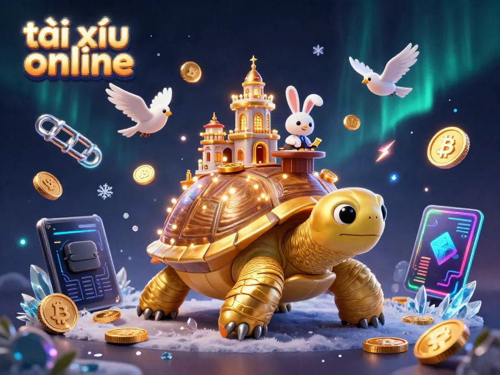 Experience the thrill of tài xỉu online with a vibrant 3D cartoon scene featuring a golden tortoise casino.