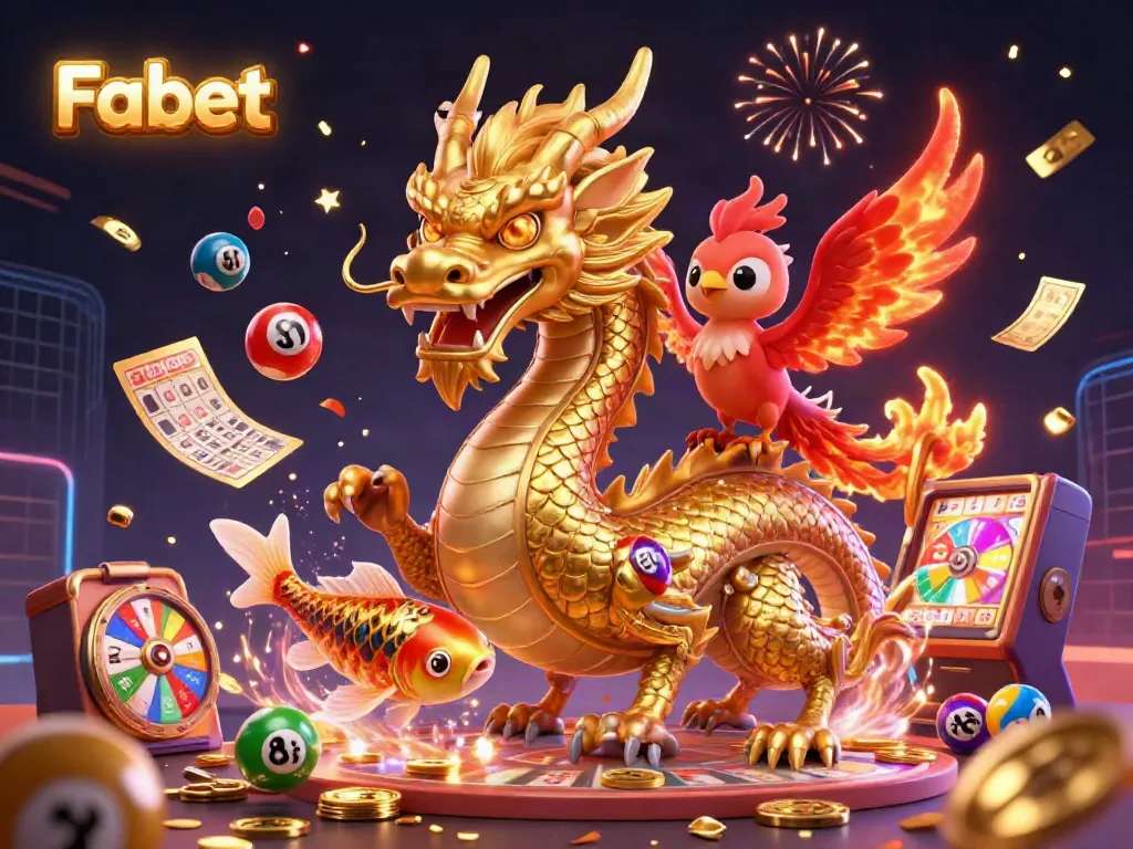 Experience Fabet's thrilling gaming scene with a golden dragon, red phoenix, and koi fish surrounded by lottery elements.