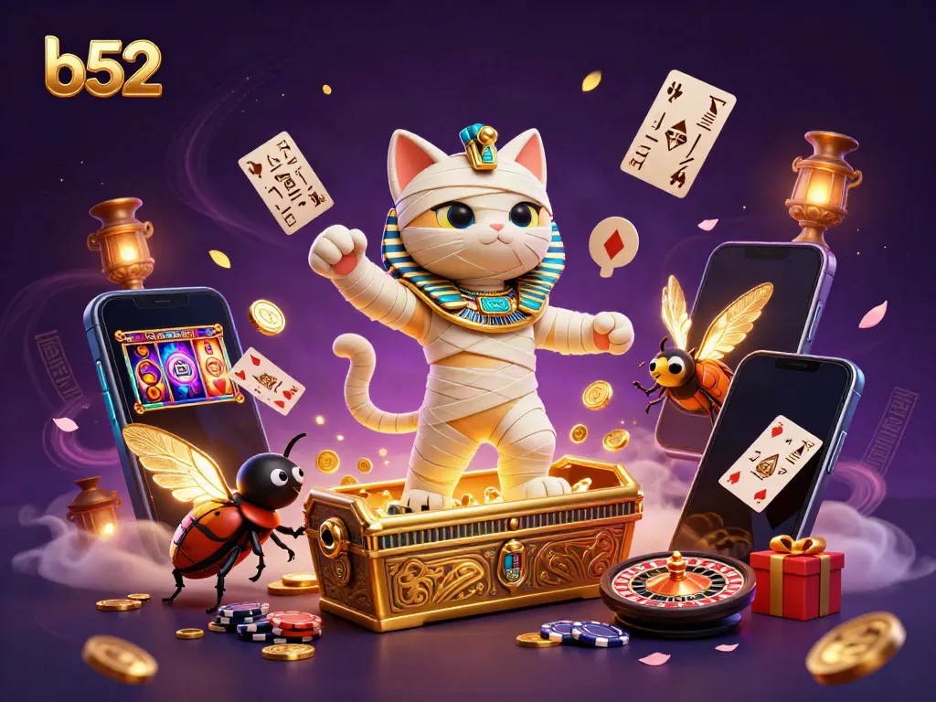 Engaging scene where the b52 Egyptian mummy cat and glowing scarab interact with lively casino elements.