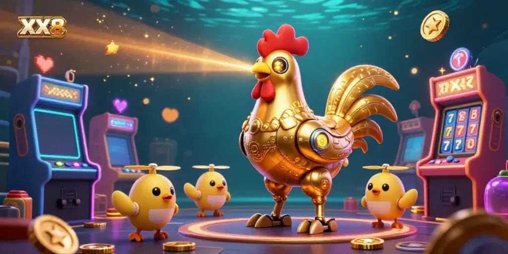 A vibrant casino illustration featuring the XX8 golden rooster robot and baby chick drones in a colorful gaming environment.
