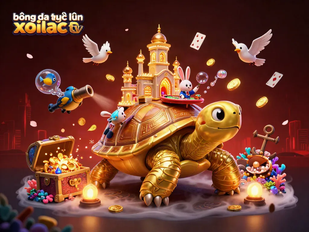 Bóng đá trực tuyến xoilac tv showcases a lively scene with a golden tortoise casino and vibrant gambling elements.