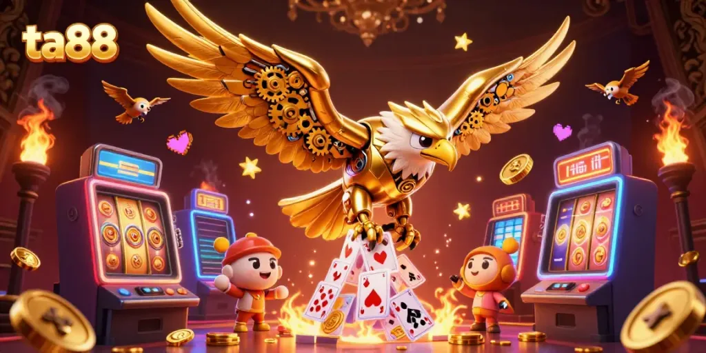 Experience ta88 with a dynamic 3D casino scene featuring a cybernetic eagle, slot machines, and vibrant gaming elements.