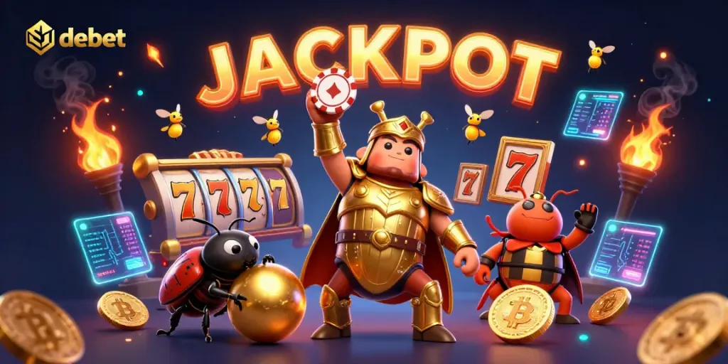 Experience thrilling wins with debet as fireflies spell jackpot above a heroic beetle.