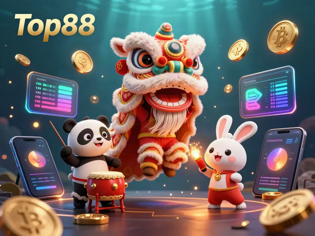 Engage with Top88's thrilling gameplay featuring a Chinese New Year celebration with vibrant characters and crypto elements.