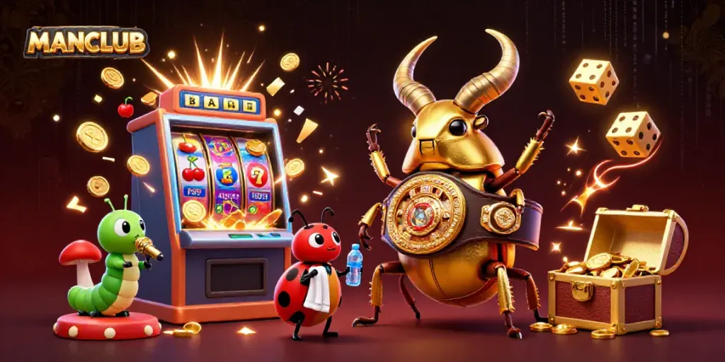 Engage in the MANCLUB pre-battle casino showdown featuring animated slot machines and vibrant characters.