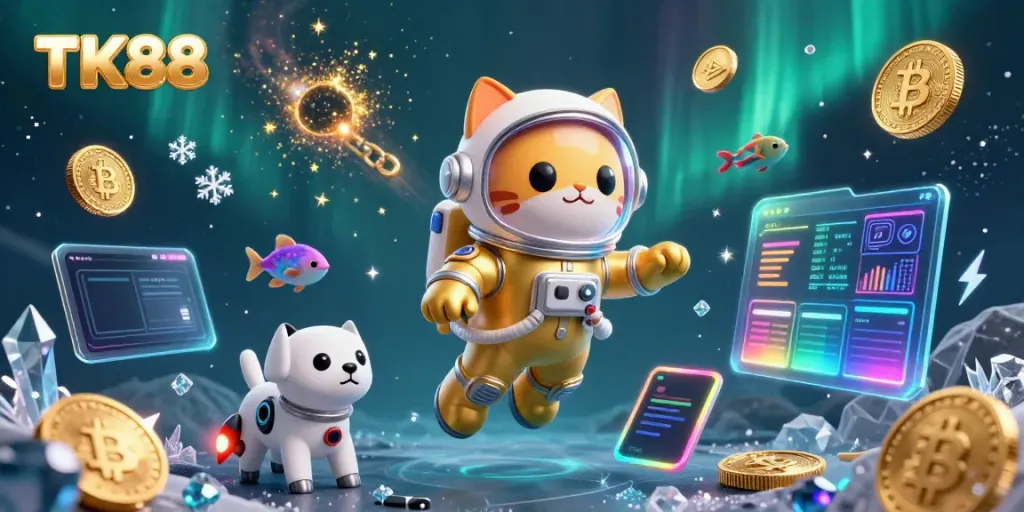 Engage with TK88's vibrant casino world featuring a 3D astronaut cat and crypto gaming elements.