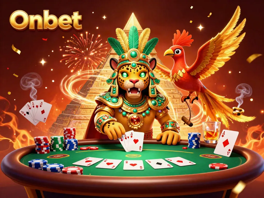 Experience Onbet's vibrant gaming world with dynamic casino elements and colorful characters.