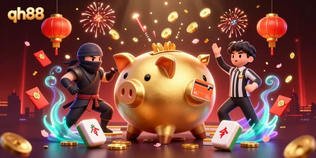 Engaging qh88 scene featuring unique golden piggy bank sumo wrestler, wallet-ninja, and samurai referee amid a dynamic casino atmosphere.
