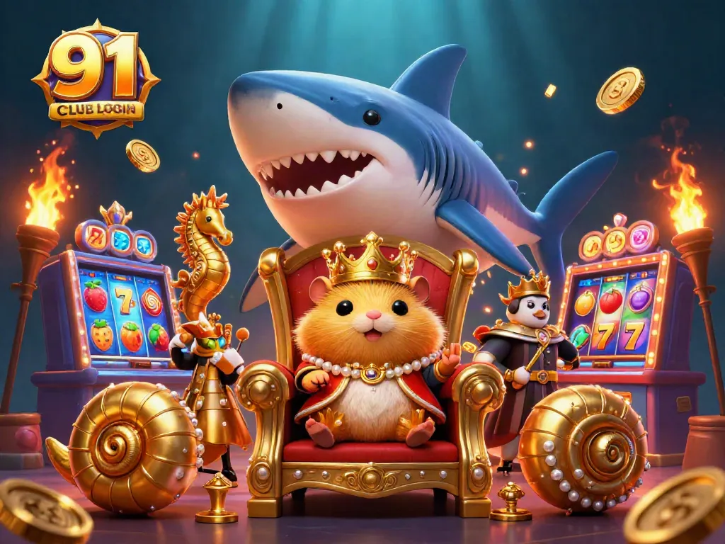 Experience the excitement of 91 CLUB LOGIN through a vibrant casino scene with a golden hamster king, showcasing slot machines and dynamic game elements.