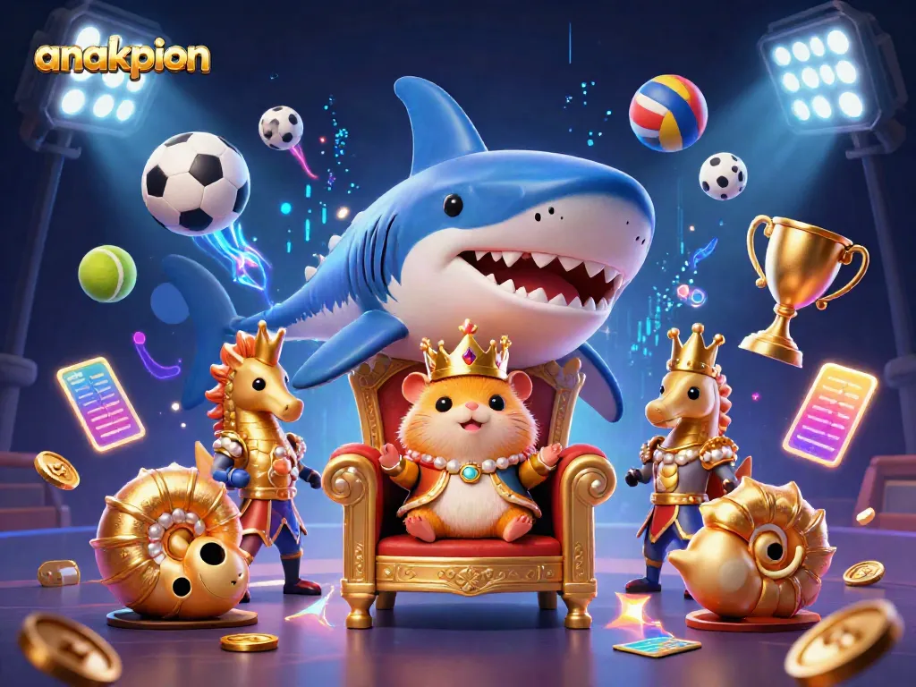 Anakpion casino scene with a golden hamster king and marine royal elements amidst dynamic sports theme.