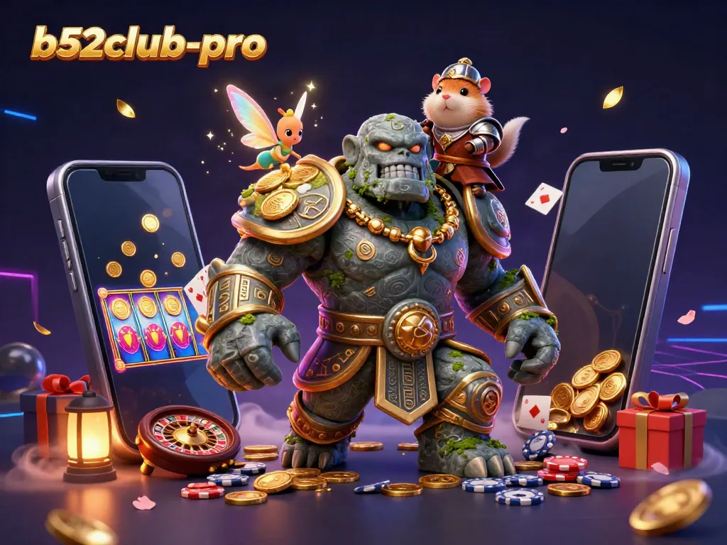 Engage in thrilling gameplay at b52club-pro with vibrant slot games and characters in an epic scene.
