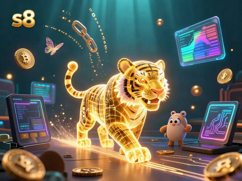 Experience the dynamic s8 casino environment with a neon tiger and crypto elements.