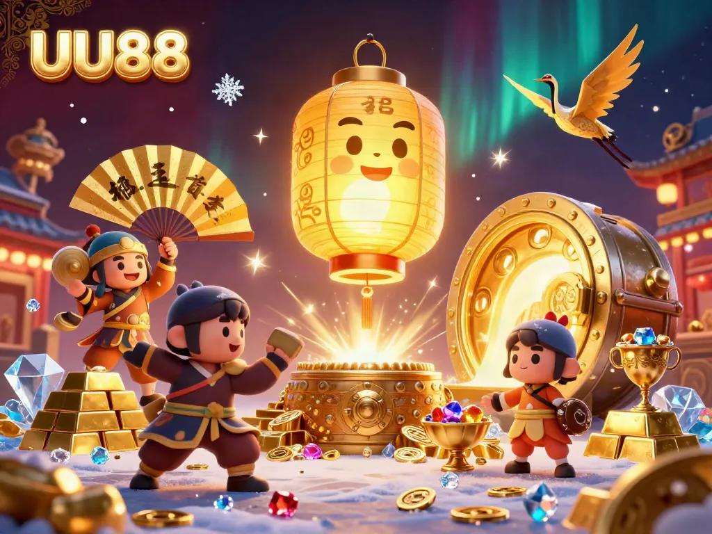 Experience excitement with UU88 as a giant golden lantern spirit guides a lively casino scene packed with treasures.