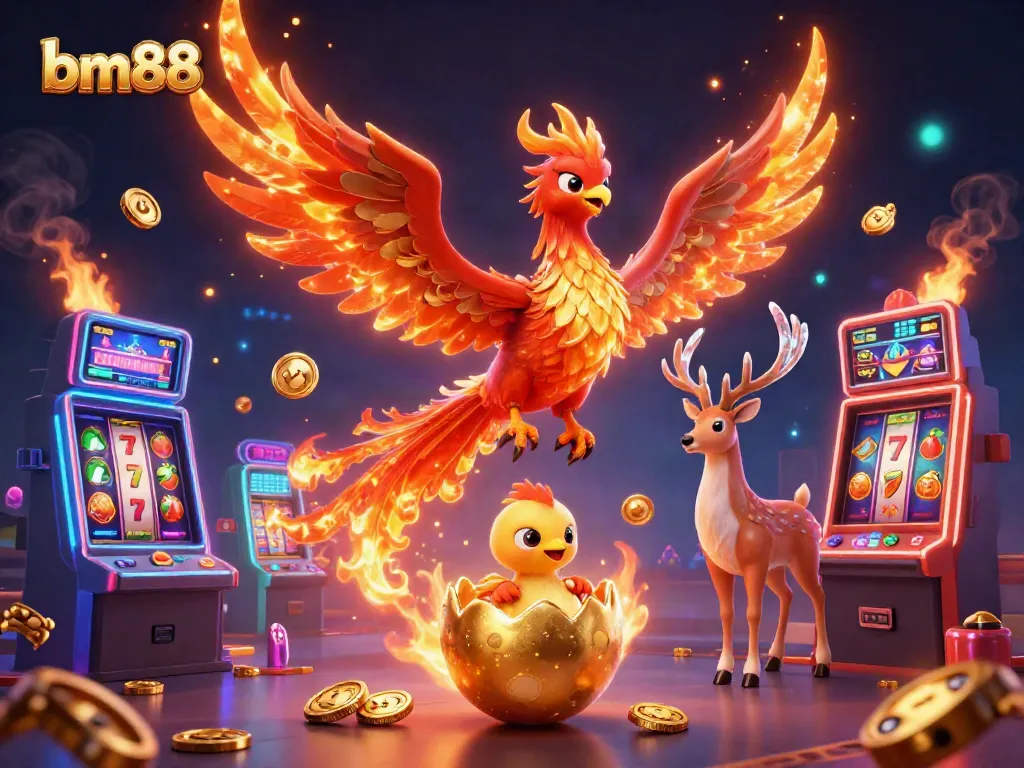 Engaging 3D illustration of bm88 with a phoenix and casino themed elements, depicting an energetic atmosphere.