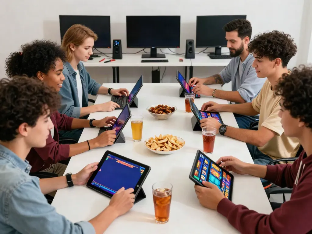 Friends enjoying slot gacor games on tablets and smartphones in a vibrant gaming atmosphere