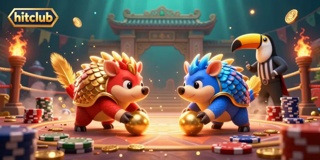 Experience hitclub excitement as pangolins bowl through poker chips in an animated casino arena.