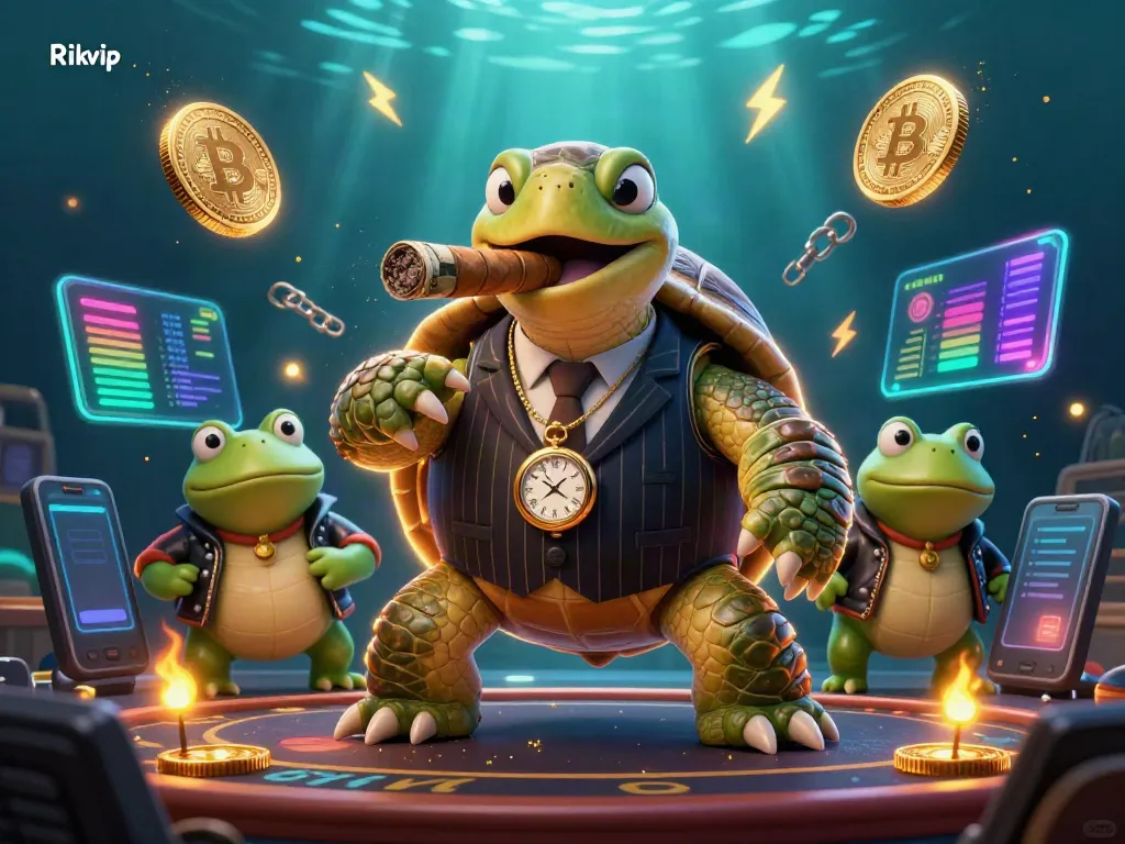 Witness Rikvip's unique casino atmosphere with a snapping turtle mobster and frog enforcers amidst neon crypto elements.