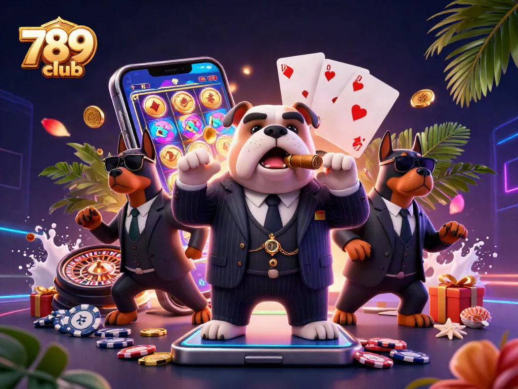 789club casino scene with a mafia bulldog, Doberman bodyguards, and dynamic game elements.