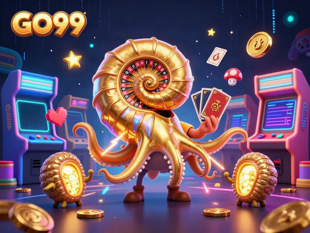 Engage with GO99, where a giant nautilus roulette wheel spins alongside glowing gaming elements.