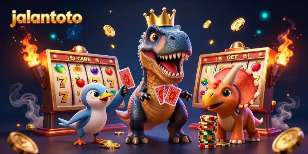 Experience thrilling gameplay with jalantoto, showcasing dynamic casino fun featuring slot reels and playful characters.