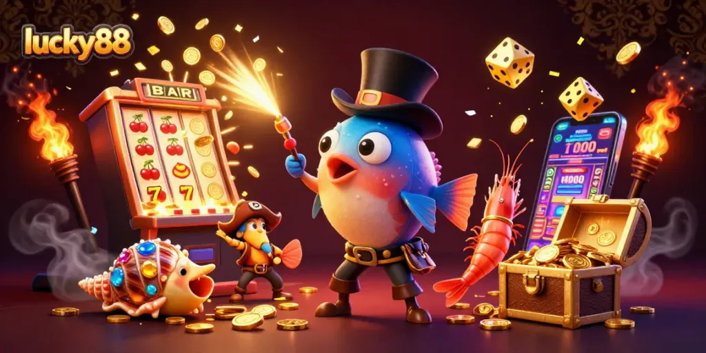 Win at lucky88 with this vibrant 3D casino scene featuring animated characters and joyful casino elements.