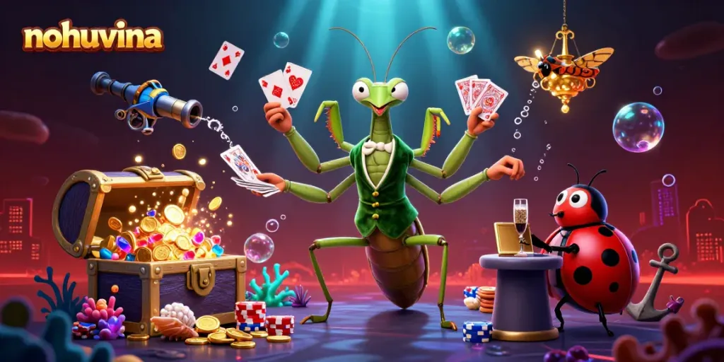 Nohuvina showcases a vibrant 3D scene of a mantis card sharp and ladybug pit boss engaging in a thrilling casino environment.