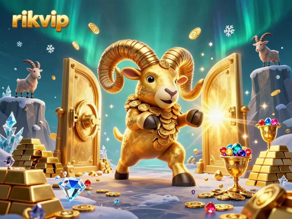 Experience thrilling wins at rikvip with an ultra-detailed 3D casino scene showcasing a charging golden ram.