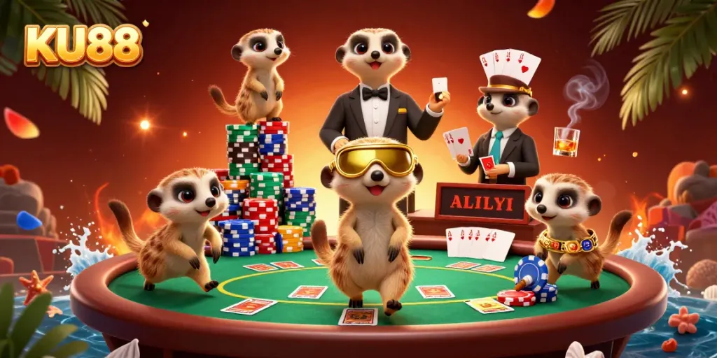 Experience the vibrant energy of KU88's cartoon casino with adorable meerkats running the show.
