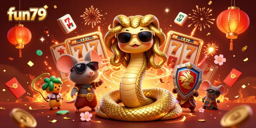 Experience the fun79 thrill as Medusa and a warrior mouse unlock casino jackpots amidst festive decorations.