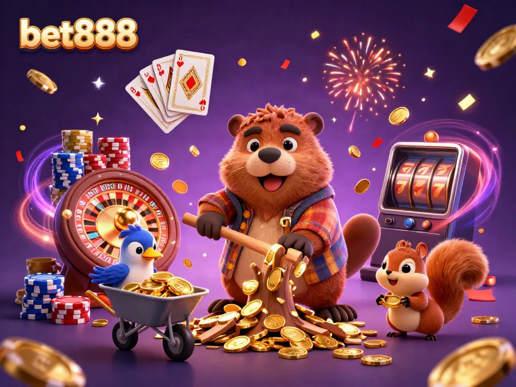 Experience thrilling gameplay at bet888 with a beaver and friends collecting gold coins in a carnival of fun.