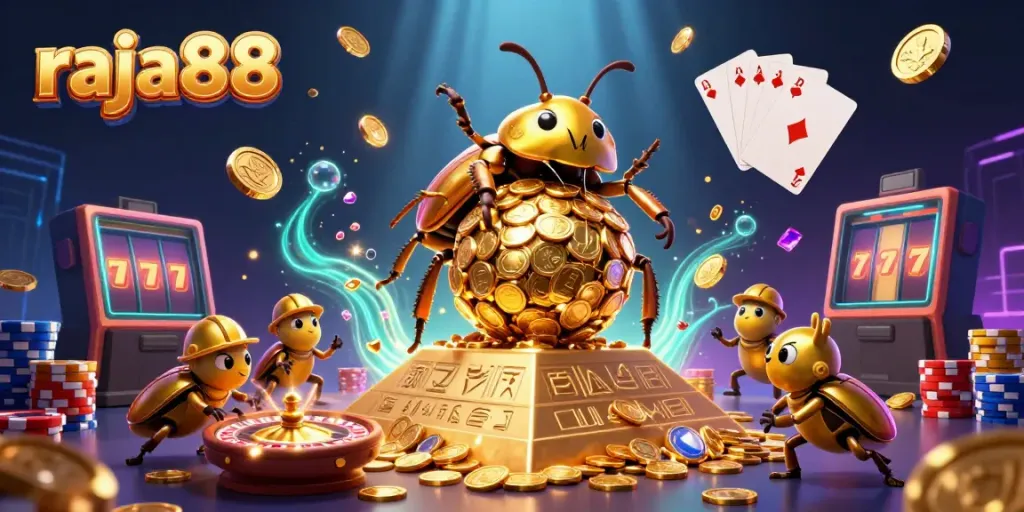 Experience the vibrant excitement at raja88 with dynamic golden coins, casino games, and animated beetles.