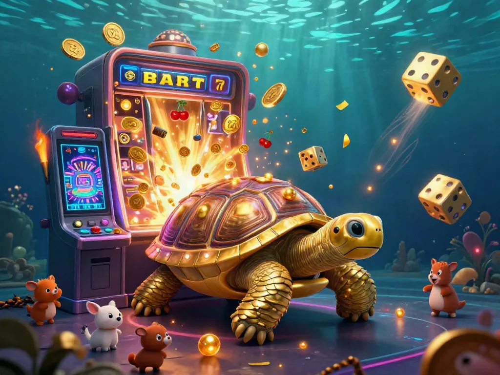 Spin and win at uy88 with a vibrant scene of a golden tortoise pinball machine, slot machine, and excited players.