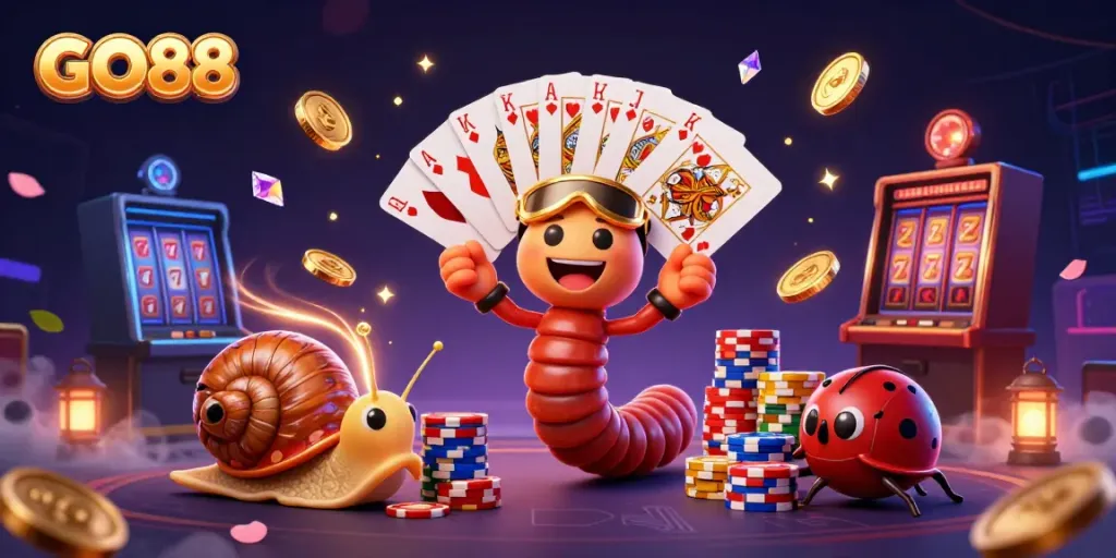 Experience GO88's vibrant casino scene with lively characters, cards, and dazzling rewards.