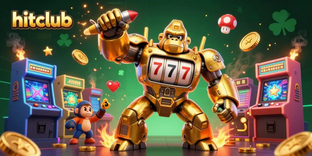 Experience exciting games at hitclub with a vibrant 3D illustration showcasing golden gorilla mech and arcade elements.