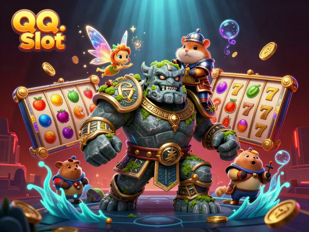 Spin and win with QQ Slot as the mystical golem and fairy create a magical atmosphere filled with winning symbols.